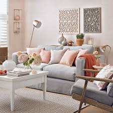 Modern Peach And Grey Living Room With Fretwork Panels Peach Living Rooms Living Room Grey Living Room Color Schemes