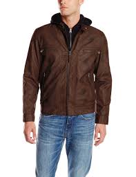 Calvin Klein Men S Faux Lamb Leather Moto Jacket With Hoodie Brown Small Faux Leather Moto Jacket Leather Moto Jacket Calvin Klein Men