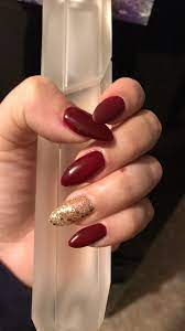 Burgundy Matte Gold Almond Shape Acrylic Nails Gold Acrylic Nails Burgundy Nails Trendy Nails
