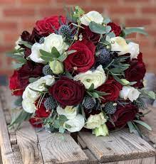 Red Roses Blue Thistle And Ranunculus White Bridal Bouquet Red Rose Bridal Bouquet Blue Bouquet