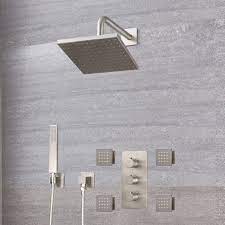 Featuring a square rain shower head, this shower system from dree collection provides luxurious shower experience and soothing, refreshing enjoyment. On Sale Now The Fontana Lima Brushed Nickel Thermostatic Rainfall Shower System Set At Fontanashowers Com