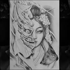 Revealing Her Vengeful Demon Pencil Drawing I Had In The Works For Awhile Hannya Pencildrawing Townhalltattoo Town Pencil Drawings Drawings Geisha Tattoo