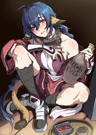syunsaeki, karulau, aquaplus, utawarerumono, 1girl, ahoge, alcohol, animal  ears, arm on knee, blue eyes, blue hair, blush, bottle, braid, braided  ponytail, breast press, breasts, chain, collar, crossed legs, drinking cup,  food, gauntlets,