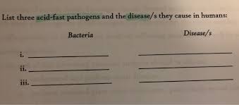 Solved List Three Acid Fast Pathogens And The Disease S T Chegg Com