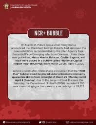 Metro manila, bulacan, cavite, laguna, and rizal — also known as the ncr plus — are placed under one bubble setup from march 22 to april 4. The Ust Journalism Society S Tweet Malacanang Announced That The Ncr Plus Bubble Would Be Placed Under Enhanced Community Quarantine Ecq From Midnight Of March 29 Monday Until April 4 Sunday Due
