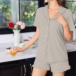 Women's Ruffle Striped Pajama Set, AI generated