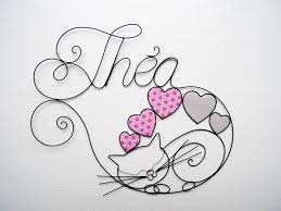 Customizable Name In Wire Thea Cat In Recuit Wire Decoration Child S Room Birth Gift Door Plate Heart Caligraphie Prenom Fil De Fer Artisanat De Fil