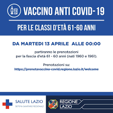 Lo comunica l'unità di crisi covid della regione lazio. Salute Lazio Vaccino Anti Covid 19 Da Martedi 13 Aprile Alle 00 00 Partiranno Le Prenotazioni Per La Fascia D Eta 61 60 Anni Nati 1960 E 1961 Prenotazioni Su Https Prenotavaccino Covid Regione Lazio It Welcome Tutte Le