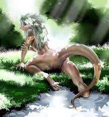 garyu (souryudo), gender request, androgynous, blue eyes, furry, green  hair, lizard, long hair, nature, nude, outdoors, plant, solo - Image View -  | Gelbooru - Free Anime and Hentai Gallery
