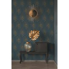 Papier peint mural moderne et créatif | plumes de paon, murale, canapé, salle à. Papier Peint Vinyle Tribeca Plumes Paon Bleu Canard Or Leroy Merlin