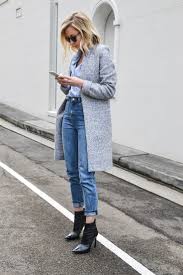 Black Boots With Blue Jeans Womens Long Grey Winter Coat Lightblue Shirt Blue Jeans And Black Shoes Fashion Clothes Street Style