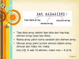 Pada kode tersebut, indeks array diulai dari satu. Buatlah Program Array Dimensi Satu Dengan 10 Elemen Bertipe Integer Masnurul