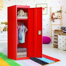 Amazing vintage boy's bedroom features a vintage ceiling fan over an industrial bed, with vintage metal lockers tucked underneath, dressed in white and beige stripe bedding, white and gray stripe pillows and brown blanket finished with a french vintage sack upholstered headboard. Locker For Kids Metal Locker For Bedroom Kids Room Steel Storage Lockers For Toys Clothes Sports Gear 49 Inch Red Walmart Com Locker Storage Metal Lockers Lockers