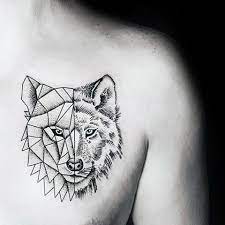 Wolf With Half Geometric Design Minimalist Guys Chest Tattoos Geometric Wolf Tattoo Geometric Tattoo Wolf Tattoos