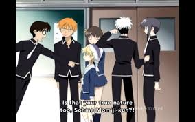 It S Blurry But I Like How When Takei Is Picking At Momiji Kyo Is Glaring At Him Despite That Fact Tha Fruits Basket Funny Fruits Basket Anime Fruits Basket