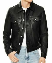 New Men Black Leather Biker Jackets Real Leather Button Closure Jackets For Mens Trucker Jacket Men Leather Jacket Men Leather Jacket Style