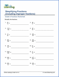 grade 5 math worksheets simplifying fractions improper fractions k5 learning