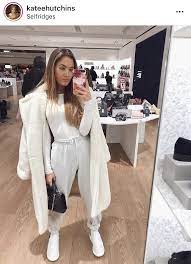Casual Winter Outfit Fashion White Coat Sweatpants Grey White 2019 Fashion Outfits Winter Fashion Outfits Fashion Inspo Outfits