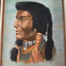 Beautiful vintage Native American Indian framed canvas oil painting