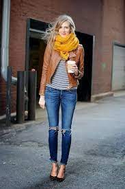 Adorable Brown Leather Jacket Ripped Jeans And Scarf Combination For Fall Fashion Style Leather Jacket Outfits