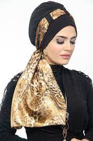 Aise Tesettur Leopar Siyah Hazir Fularli Bone Esarp Sal Guzel Turban Trendler