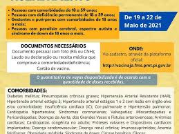 A expectativa é aplicar pelo menos a primeira dose em todos os moradores de 59 a 18 anos. Pessoas Com Comorbidades E Deficiencia Permanente Acima Dos 18 Anos Tem Direito A Vacina Da Covid 19 Fundacao Municipal De Saude De Teresina Fms