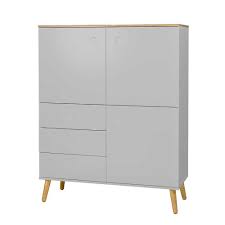 Mid Century Highboard In Grau Eiche 3 Turig 3 Schubladen 109x137x43 Revanio Schliessfacher Sideboard Weiss Hochglanz Highboard