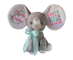 Birth Announcement Stuffed Animal Blanks Big Ear Dumble Elephant Coral Mint Green Custom Embroidery Birth Announcement Stuffed Animal Bir Baby Gifts Custom Embroidery Flower Girl Personalized Gift