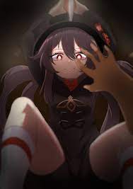 hu tao (genshin impact), genshin impact, highres, 1girl, brown hair, girl  on top, hat, imminent death, knife, looking at viewer, red eyes, smile,  solo focus, symbol-shaped pupils - Image View - |