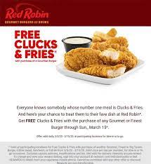 Pinned March 6th Free Clucks Fries With Your Burger At Red Robin Thecouponsapp Gourmet Burgers Red Robin Coupons Gourmet