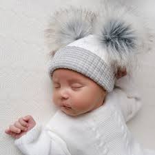 White Grey Pom Pom Hat Baby First Size Millie Ralph Millie Ralph