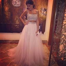 Long Light Pink Prom Dress Women Crystal Tulle 2 Two Pieces Prom Dresses P1036 On Luulla