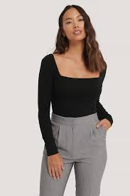 Square Neck Long Sleeve Top Black Na Kd Com
