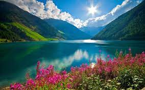 Nature Landscape Mountain River Sun Clouds Pink Flowers Austria Wallpaper Hd Landscape Wallpaper Nature Wallpaper Summer Landscape