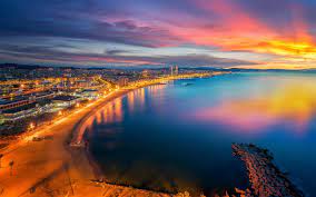 Download Wallpapers Barcelona Evening Sunset Beach Coast Mediterranean Sea Catatonia Spain Besthqwallpapers Com Barcelona Beach Beach Background Sunrise Beach