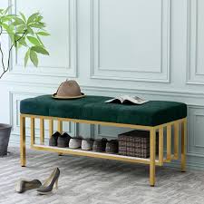 Key details • 43.5w x 16.5d x 18h. Green Storage Entryway Bench Upholstered Velvet Modern Bench With Shelf In Gold In 2021 Entryway Bench Storage Upholstered Bench Modern Bench