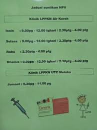 Jika mendapati anda sedang hamil setelah menerima suntikan pertama vaksin hpv, sebaiknya menunda pemberian suntikan berikutnya hingga melahirkan. Lppkn Melaka Jadual Suntikan Hpv Percuma Bermula Pada 1 Ogos 2017 Masih Lagi Available Sila Dapatkan Suntikan Di Klinik Nursejahtera Lppkn Melaka Kota Fesyen Mitc Terma Syarat Warganegara Malaysia