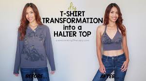 If you're a fan of minimalist designs, you'll definitely appreciate this diy. Diy T Shirt Transformation Into A Halter Top Zune S Sewing Therapy
