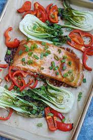 Sheet Pan Dinner Teriyaki Salmon With Baby Bok Choy Recipe In 2021 Sheet Pan Dinners Sheet Pan Recipes Clean Eating Recipes