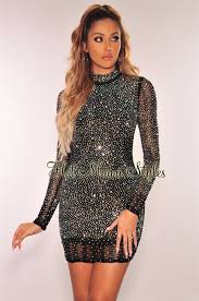 Black Net Silver Iridescent Rhinestone Long Sleeves Dress Glitter Dress Outfit Long Sleeve Dress Dresses