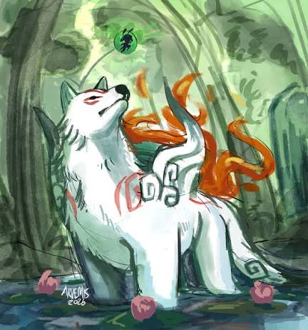 Illustration of Amaterasu and Issun from Okami in the pond