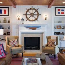Classic Nautical Look For This Living Room From The Board And Batten To The Helm Over The Mantel Nautical Living Room Fresh Living Room Coastal Living Rooms