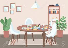 Dining rooms cartoon 2 of 9. Dining Room Flat Color Vector Illustration Table With Chair And Food On Plates Spot For Family Meal Shelves Near Potted Plants Livingroom 2d Cartoon Interior With Furniture On Background Royalty Free Cliparts