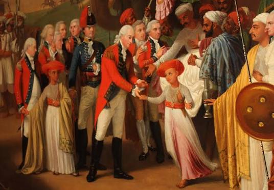 Detail of Lord Cornwallis receiving the Princes in 'The Reception of the Mysorean Hostage Princes by Marquis Cornwallis', Mysore, India. Artist: Robert Home. National Army Museum in Chelsea, London.