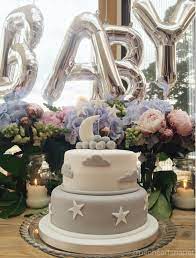 Unisex Baby Shower Using Blue Hydrangeas Pink Peonies White Snapdragons And Silver Foil Unisex Baby Shower Baby Shower Cakes Neutral Baby Shower Decorations