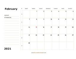 This unique type of calendar 2021 with notes is a twelve months full calendar that is printed in just one page. February 2021 Free Calendar Tempplate Free Calendar Template Com