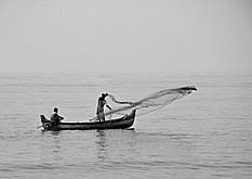 Asian fishermen throwing fishing net during twilight on wooden boat at the lake. Cast Net Wikipedia
