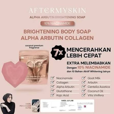 After Skin Brightening Soap BPOM NA18230500960 Sabun pemutih badan dengan kandungan 10% niacinamide dan 10 bahan aktif whitening lainnya 🫧 Mampu mencerahkan badan dalam waktu satu minggu ✨ Manfaat: • Mencerahkan kulit •