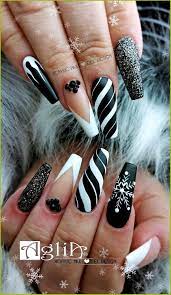 Acrylic Nails Gel Design Winter Nails Black White Nails In 2021 Black Nail Designs White Acrylic Nails Winter Nails