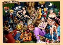 Happy Halloween Angel S Bridge Text Straw Hat Crew Mugiwara Luffy Sanji Zoro Chopper Usopp Brook Fran One Piece Crew One Piece Manga One Piece Anime
